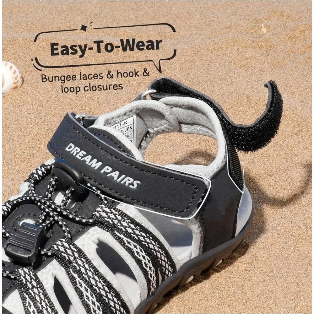DREAM PAIRS Kids Outdoor Sport Sandals, Closed Toe Adjustable, Black/White, 13
